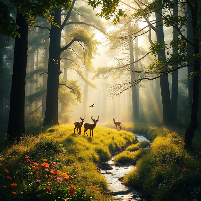 A lush forest scene at dawn, with light filtering through the leaves, creating a magical atmosphere