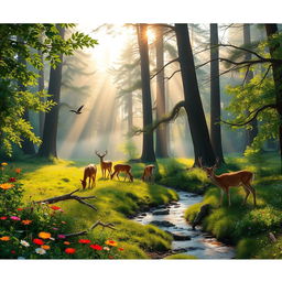 A lush forest scene at dawn, with light filtering through the leaves, creating a magical atmosphere