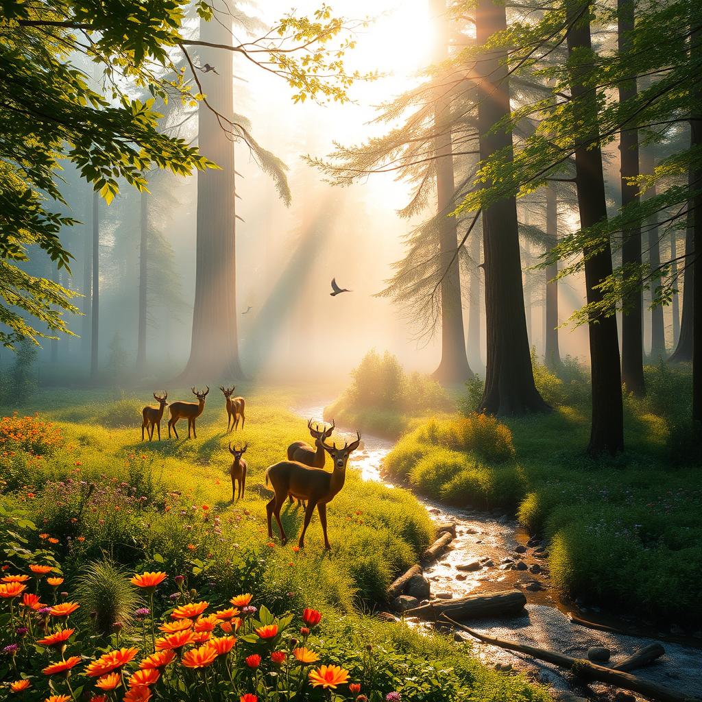 A lush forest scene at dawn, with light filtering through the leaves, creating a magical atmosphere