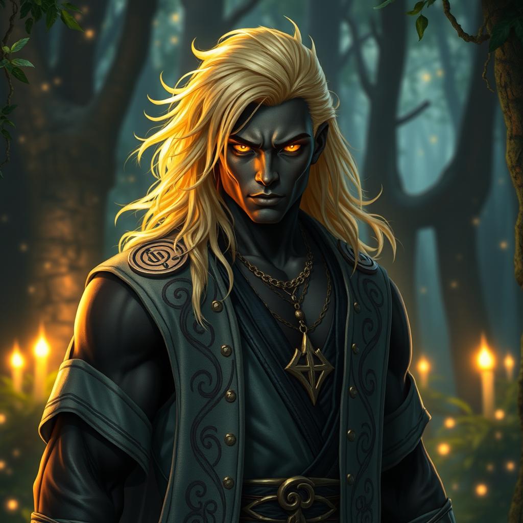 A strong magical human with vibrant blonde hair, contrasting beautifully with rich dark skin