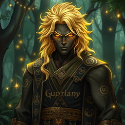 A strong magical human with vibrant blonde hair, contrasting beautifully with rich dark skin