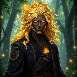 A strong magical human with vibrant blonde hair, contrasting beautifully with rich dark skin