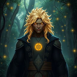 A strong magical human with vibrant blonde hair, contrasting beautifully with rich dark skin