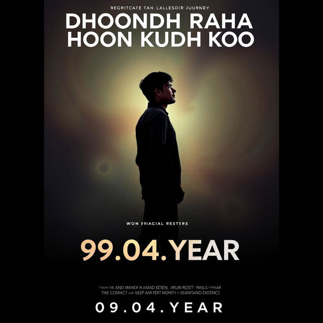 A dramatic movie poster titled 'Dhoondh Raha Hoon Kudh Ko' featuring an abstract silhouette of a young man standing alone, looking contemplative and waiting for his time