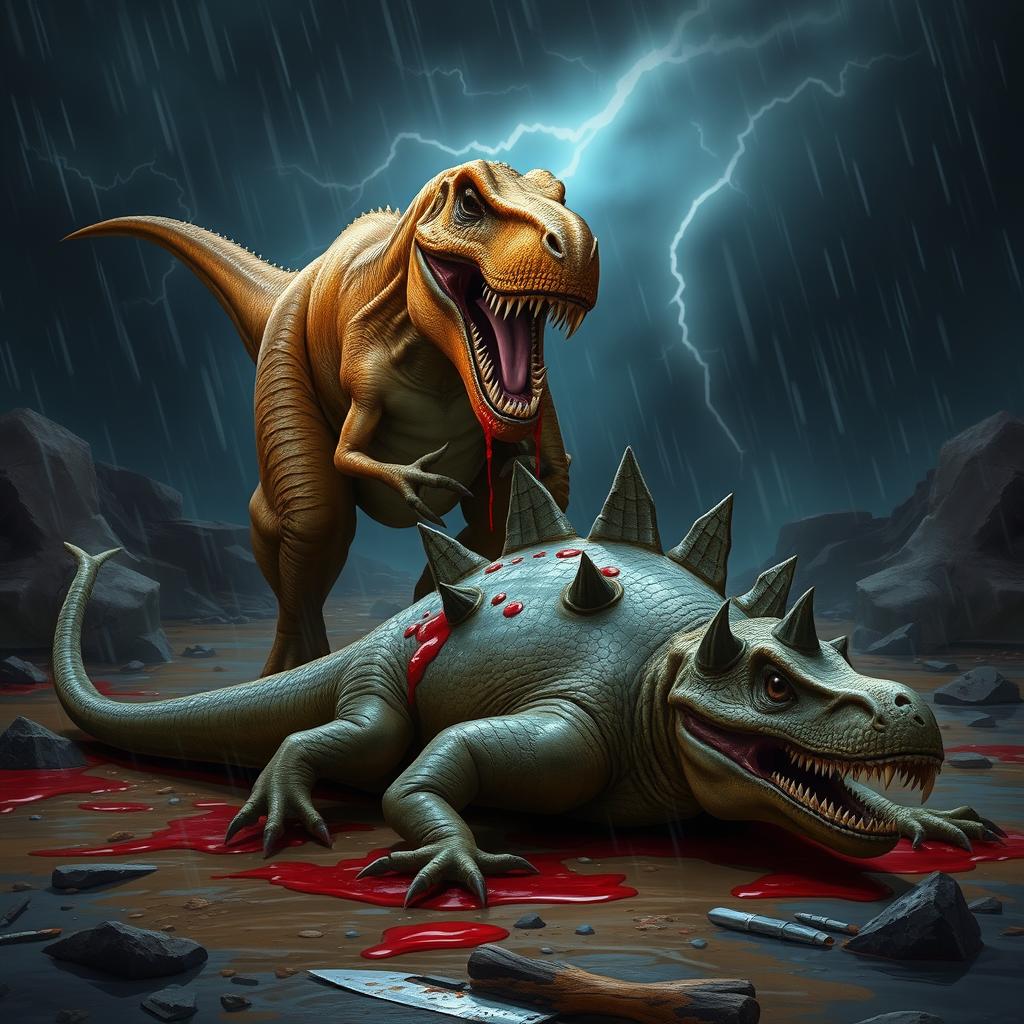 A dramatic and intense 2D or 3D animated scene showcasing a fierce battle between a Tyrannosaurus Rex and a Stegosaurus