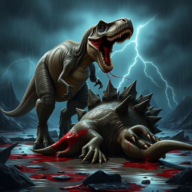 A dramatic and intense 2D or 3D animated scene showcasing a fierce battle between a Tyrannosaurus Rex and a Stegosaurus