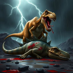 A dramatic and intense 2D or 3D animated scene showcasing a fierce battle between a Tyrannosaurus Rex and a Stegosaurus