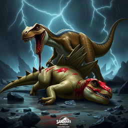 A dramatic and intense 2D or 3D animated scene showcasing a fierce battle between a Tyrannosaurus Rex and a Stegosaurus