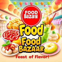 A vibrant and enticing food bazaar poster featuring an array of delicious dishes: hearty wonton drenched in spicy chili oil showcasing a rich red color, crispy potato cheese balls with melted cheese oozing out, golden churros dusted with powdered sugar, fluffy bakpao filled with tender chicken, refreshing mojito slush topped with mint leaves, and a smooth es lumut with a unique green color and texture