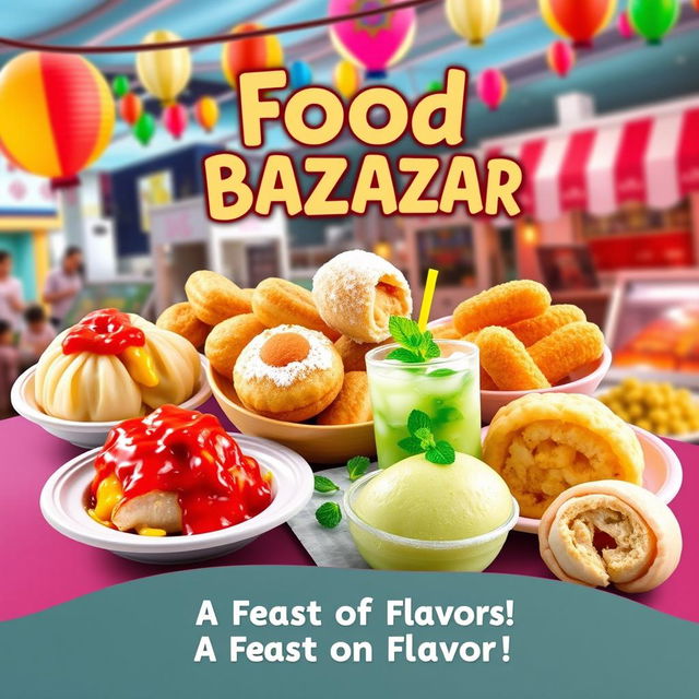 A vibrant and enticing food bazaar poster featuring an array of delicious dishes: hearty wonton drenched in spicy chili oil showcasing a rich red color, crispy potato cheese balls with melted cheese oozing out, golden churros dusted with powdered sugar, fluffy bakpao filled with tender chicken, refreshing mojito slush topped with mint leaves, and a smooth es lumut with a unique green color and texture