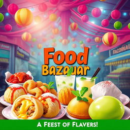 A vibrant and enticing food bazaar poster featuring an array of delicious dishes: hearty wonton drenched in spicy chili oil showcasing a rich red color, crispy potato cheese balls with melted cheese oozing out, golden churros dusted with powdered sugar, fluffy bakpao filled with tender chicken, refreshing mojito slush topped with mint leaves, and a smooth es lumut with a unique green color and texture