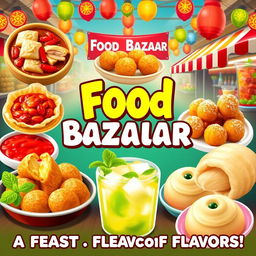 A vibrant and enticing food bazaar poster featuring an array of delicious dishes: hearty wonton drenched in spicy chili oil showcasing a rich red color, crispy potato cheese balls with melted cheese oozing out, golden churros dusted with powdered sugar, fluffy bakpao filled with tender chicken, refreshing mojito slush topped with mint leaves, and a smooth es lumut with a unique green color and texture