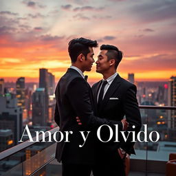 An elegant book cover design for 'Amor y Olvido' featuring two gay Japanese businessmen in a sophisticated urban setting