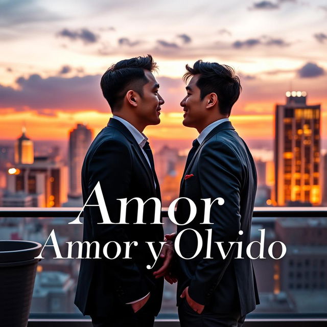 An elegant book cover design for 'Amor y Olvido' featuring two gay Japanese businessmen in a sophisticated urban setting