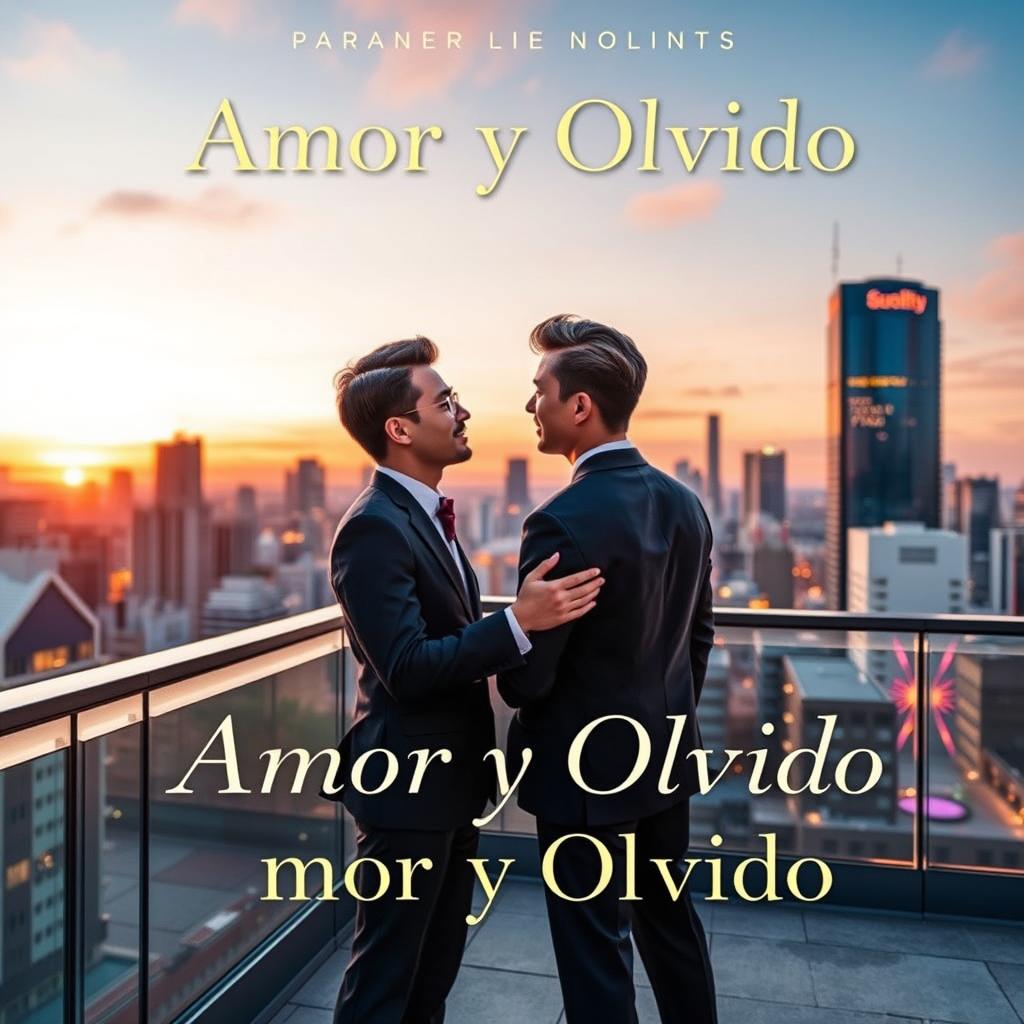 An elegant book cover design for 'Amor y Olvido' featuring two gay Japanese businessmen in a sophisticated urban setting