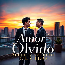 An elegant book cover design for 'Amor y Olvido' featuring two gay Japanese businessmen in a sophisticated urban setting