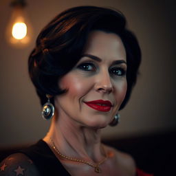 A mature woman with large breasts, styled dark short hair, and wearing bold red lipstick