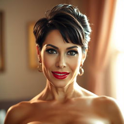 A mature woman with large breasts, styled dark short hair, and wearing bold red lipstick