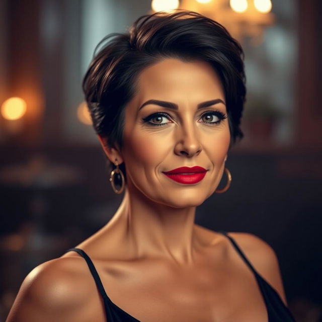 A mature woman with large breasts, styled dark short hair, and wearing bold red lipstick