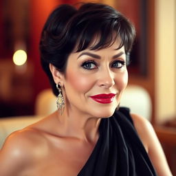 A mature woman with large breasts, styled dark short hair, and wearing bold red lipstick