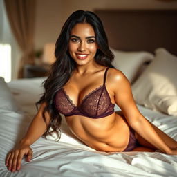A beautiful Latina brunette wearing stunning hot lingerie, lying on a bed with luxurious sheets
