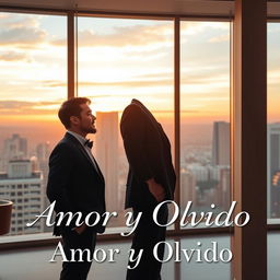 An elegant book cover design for 'Amor y Olvido' featuring two gay Japanese businessmen in a refined setting