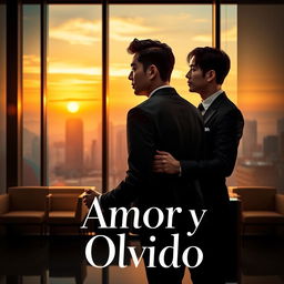 An elegant book cover design for 'Amor y Olvido' featuring two gay Japanese businessmen in a refined setting