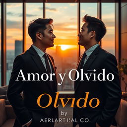 An elegant book cover design for 'Amor y Olvido' featuring two gay Japanese businessmen in a refined setting