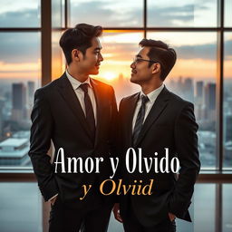 An elegant book cover design for 'Amor y Olvido' featuring two gay Japanese businessmen in a refined setting