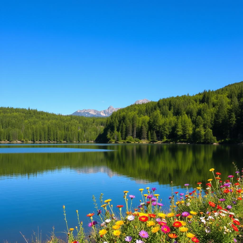 A serene landscape featuring a tranquil lake surrounded by lush green forests and distant mountains under a clear blue sky