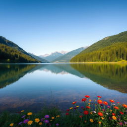 A serene landscape featuring a tranquil lake surrounded by lush green forests and distant mountains under a clear blue sky