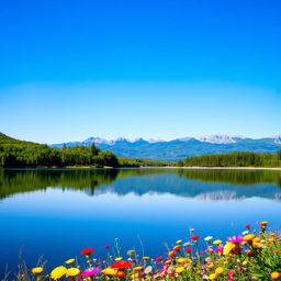 A serene landscape featuring a tranquil lake surrounded by lush green forests and distant mountains under a clear blue sky
