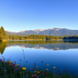 A serene landscape featuring a tranquil lake surrounded by lush green forests and distant mountains under a clear blue sky
