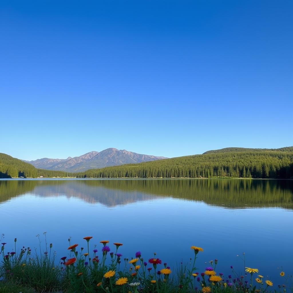 A serene landscape featuring a tranquil lake surrounded by lush green forests and distant mountains under a clear blue sky