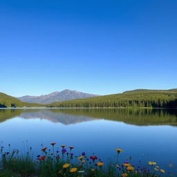 A serene landscape featuring a tranquil lake surrounded by lush green forests and distant mountains under a clear blue sky