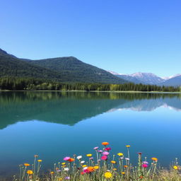 A serene landscape featuring a tranquil lake surrounded by lush green forests and distant mountains under a clear blue sky