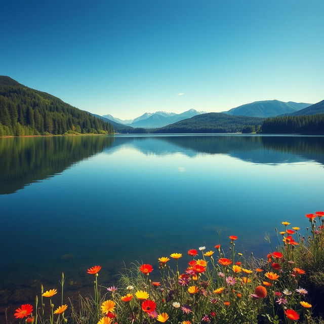 A serene landscape featuring a tranquil lake surrounded by lush green forests and distant mountains under a clear blue sky