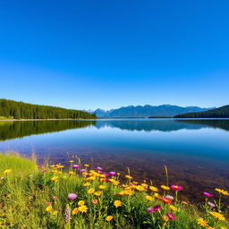 A serene landscape featuring a tranquil lake surrounded by lush green forests and distant mountains under a clear blue sky
