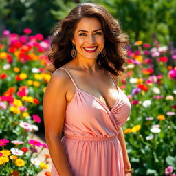 A confident mature woman with large breasts, styled elegantly