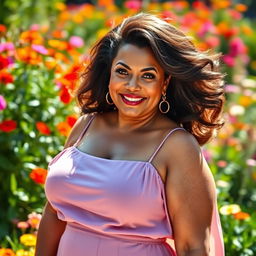 A confident mature woman with large breasts, styled elegantly