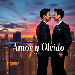 An elegant book cover design for 'Amor y Olvido', featuring two gay Japanese businessmen in a romantic and sophisticated setting