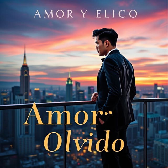 An elegant book cover design for 'Amor y Olvido', featuring two gay Japanese businessmen in a romantic and sophisticated setting