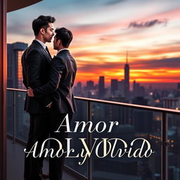 An elegant book cover design for 'Amor y Olvido', featuring two gay Japanese businessmen in a romantic and sophisticated setting