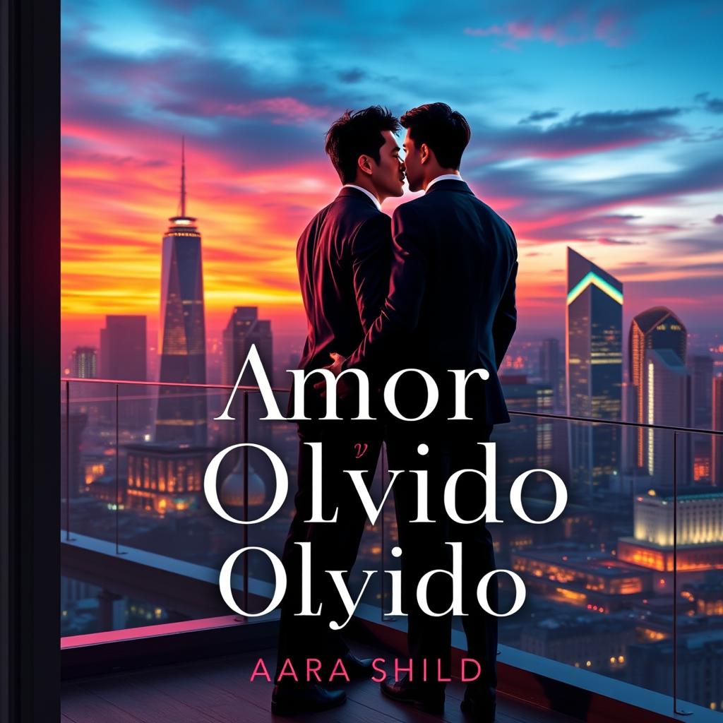 An elegant book cover design for 'Amor y Olvido', featuring two gay Japanese businessmen in a romantic and sophisticated setting