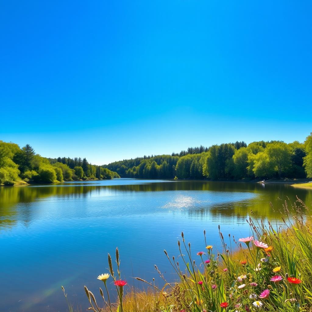 A serene landscape depicting a peaceful lake surrounded by lush green trees and a vibrant blue sky