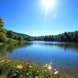 A serene landscape depicting a peaceful lake surrounded by lush green trees and a vibrant blue sky