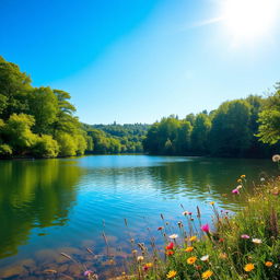 A serene landscape depicting a peaceful lake surrounded by lush green trees and a vibrant blue sky