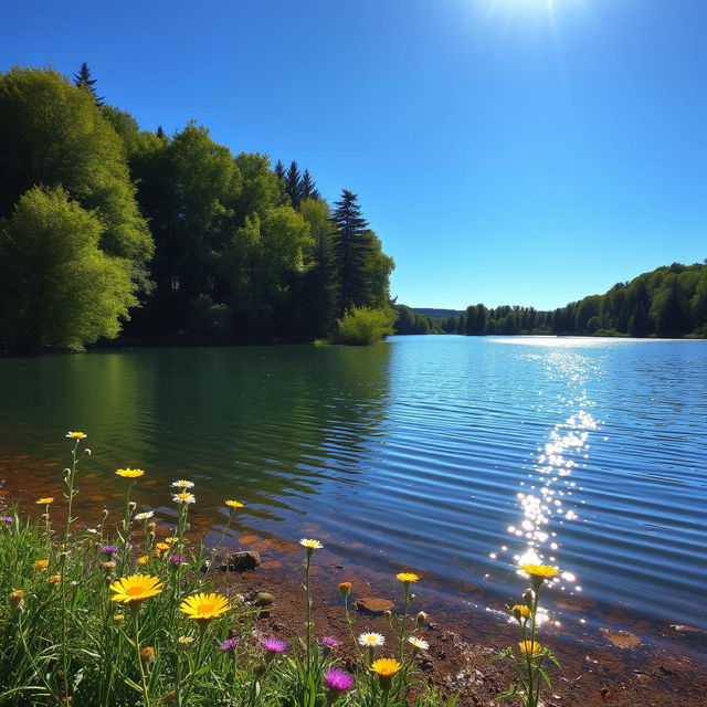 A serene landscape depicting a peaceful lake surrounded by lush green trees and a vibrant blue sky