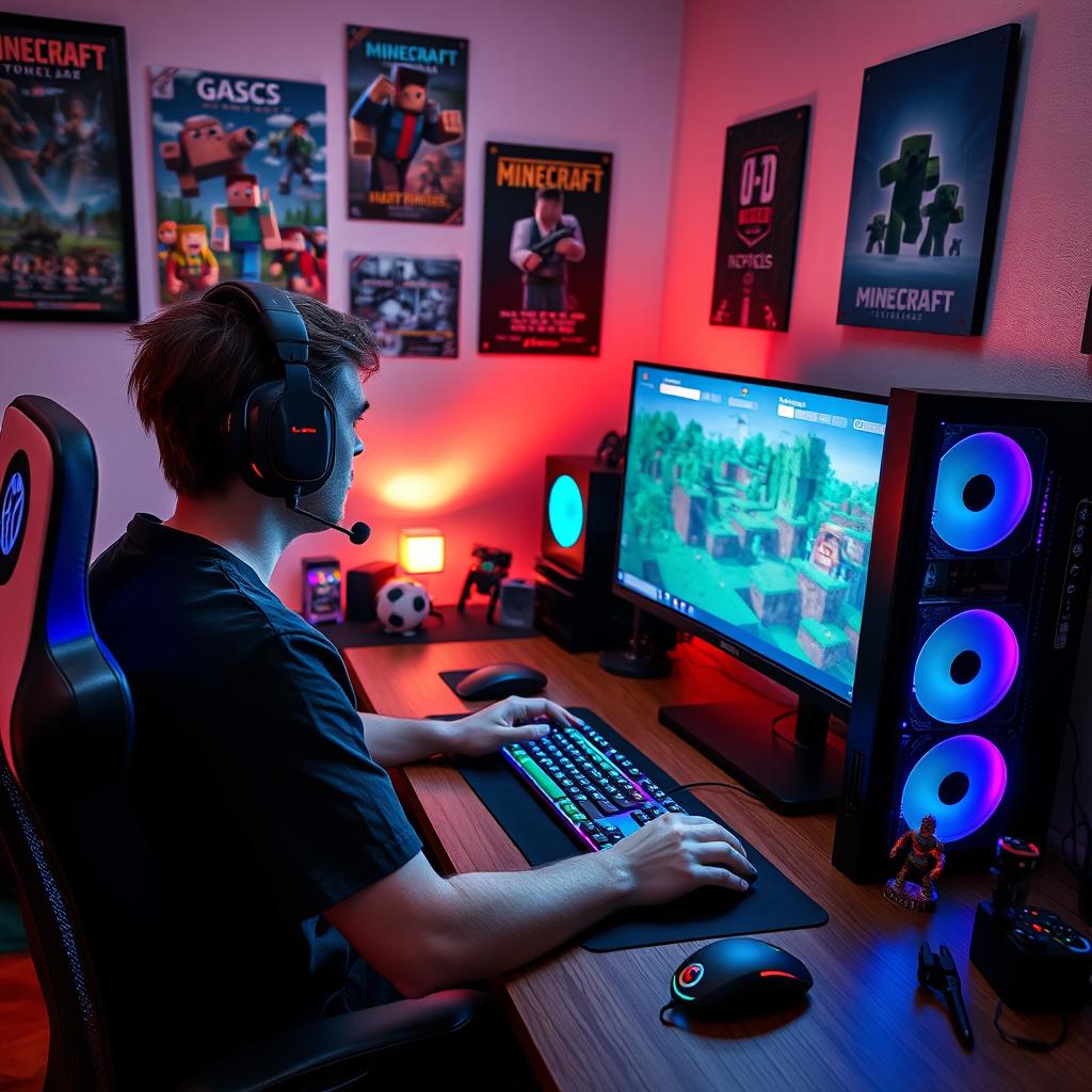 A gamer intensely focused on playing Minecraft on a high-end gaming setup