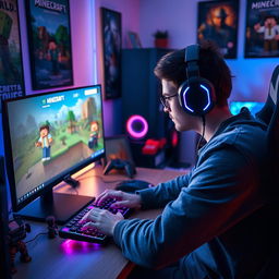 A gamer intensely focused on playing Minecraft on a high-end gaming setup